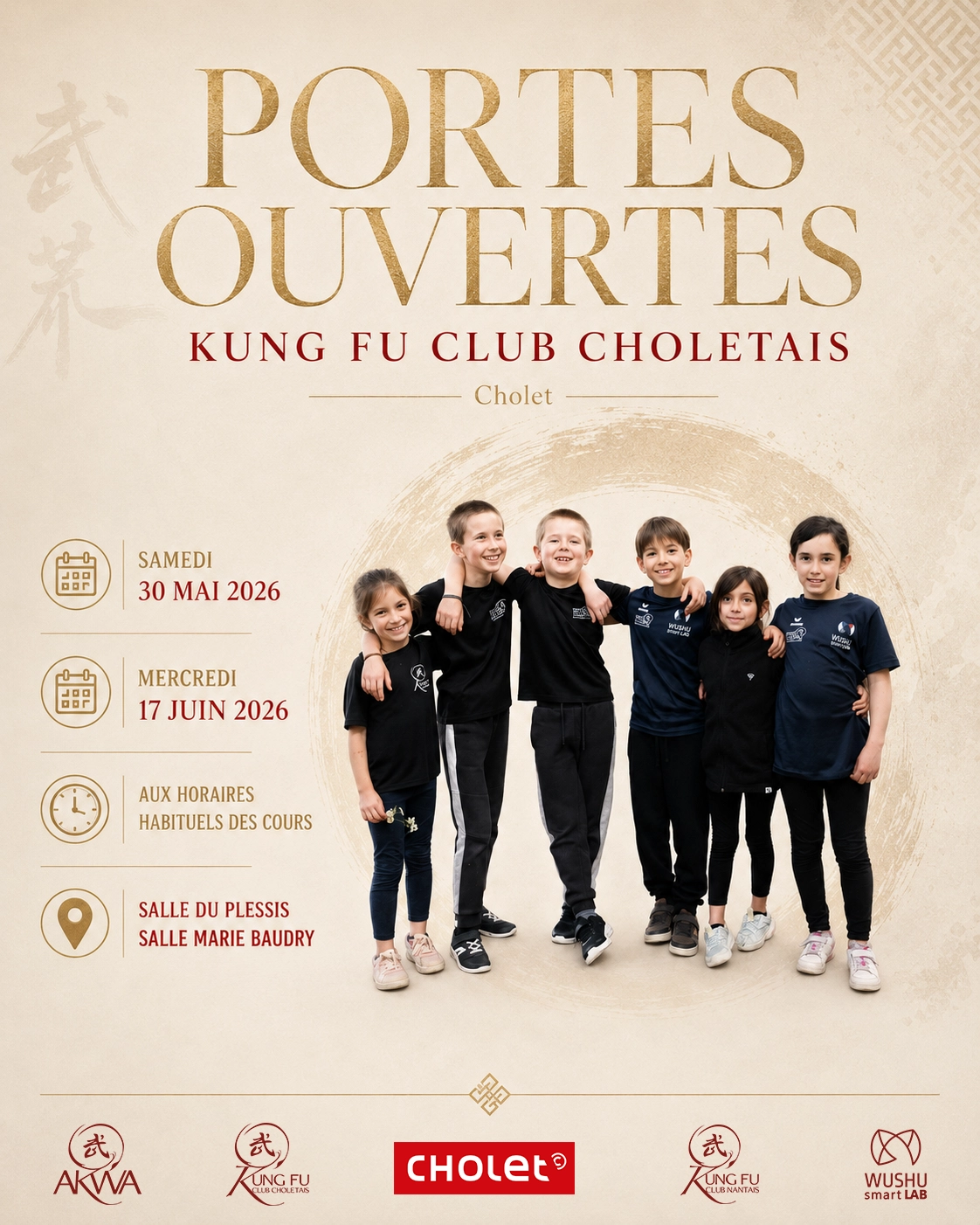 Affiche Portes ouvertes Kung Fu Club Choletais — 30 mai et 17 juin 2026