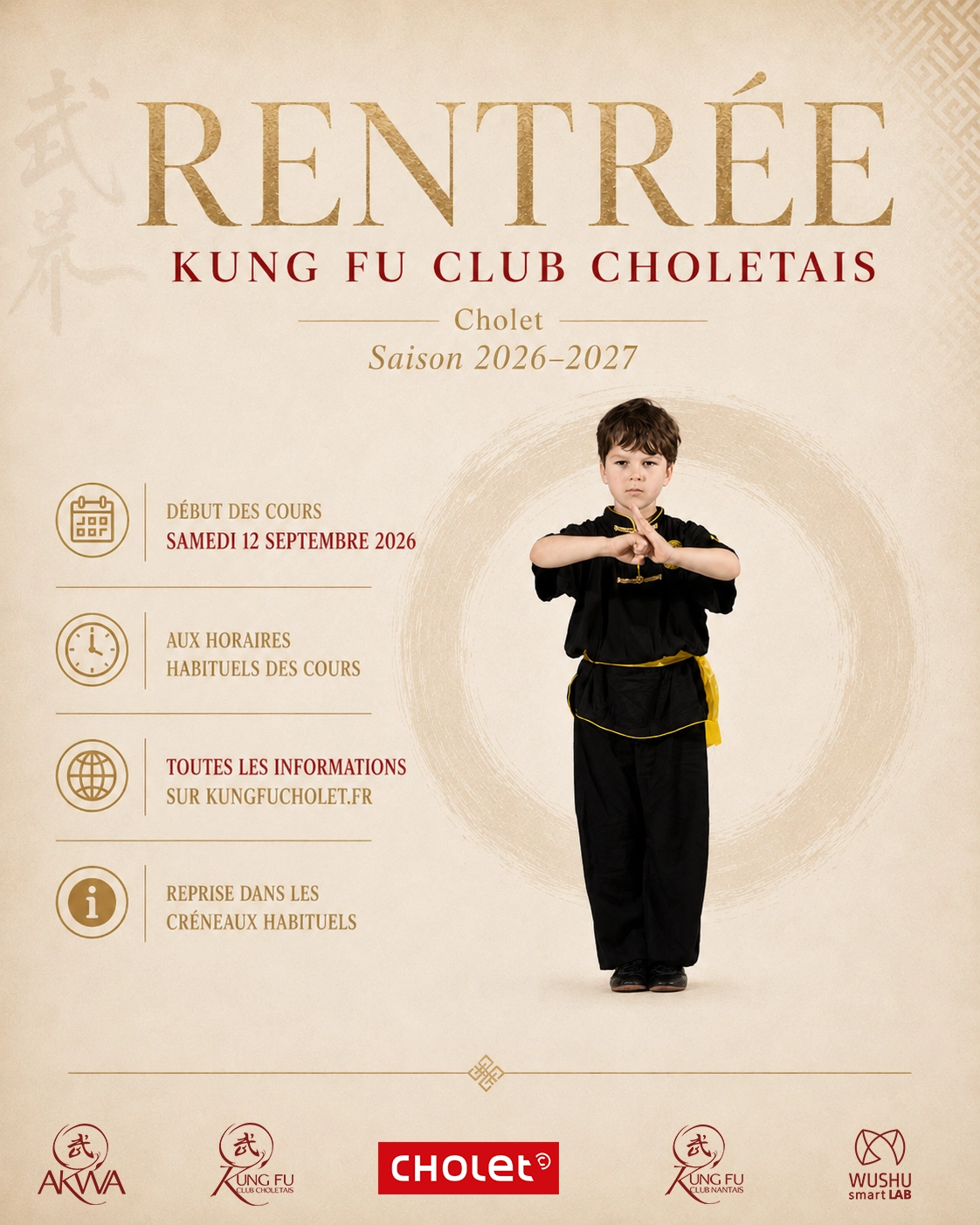 Affiche Rentrée saison 2026-2027 du Kung Fu Club Choletais