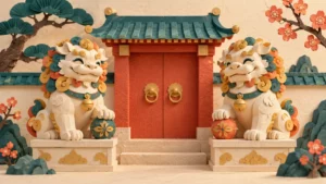 Illustration de Que font ces lions devant une porte — composition en papier découpé.
