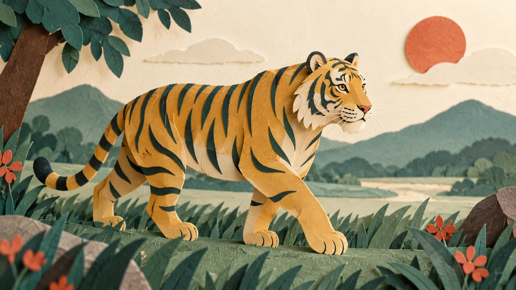 Illustration de Le tigre représente-t-il toujours la même chose — composition en papier découpé.
