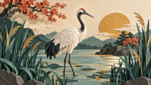 Illustration de Une grue sur une œuvre : oiseau ou message — composition en papier découpé.