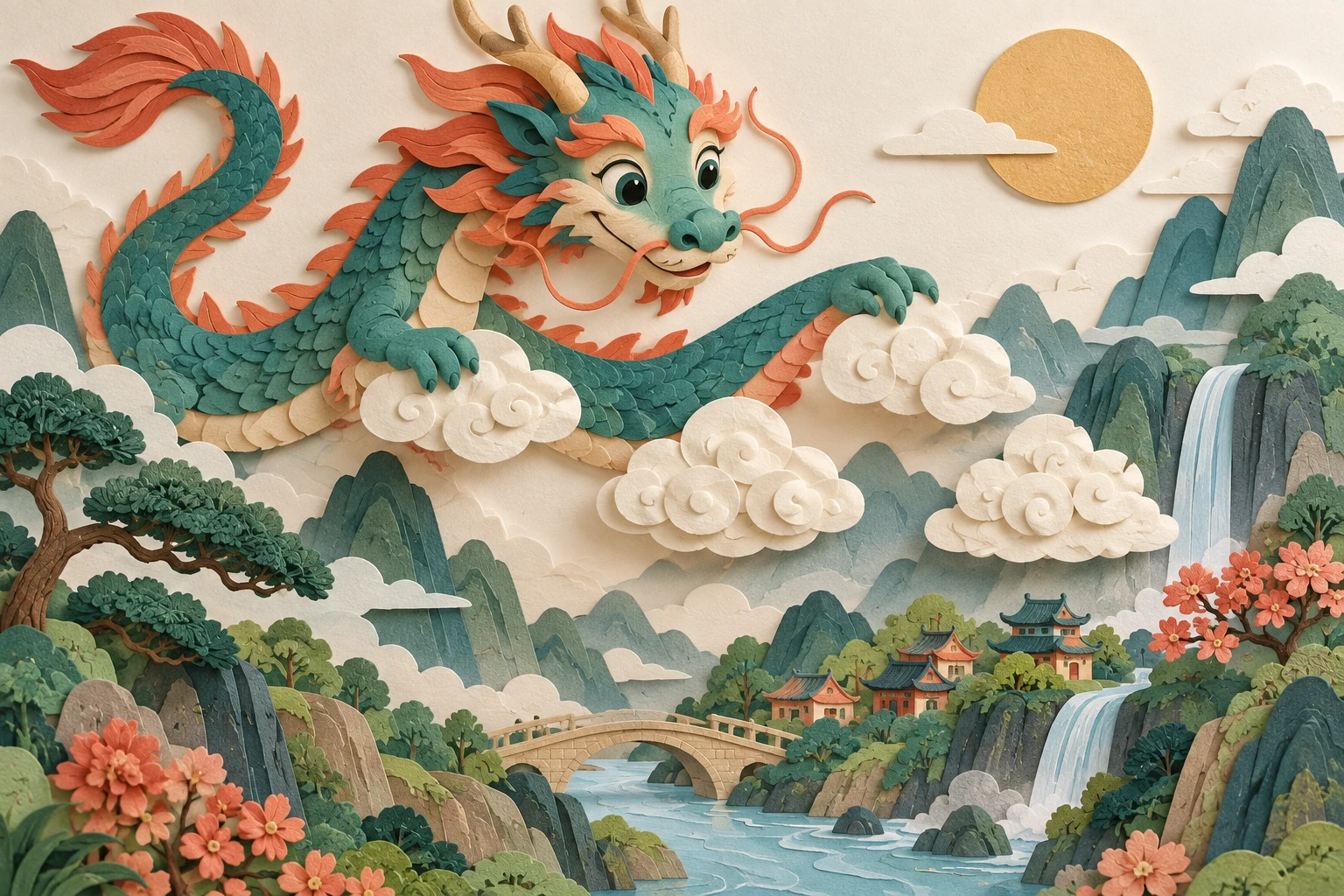 Le dragon qui range les nuages — illustration en papier découpé.