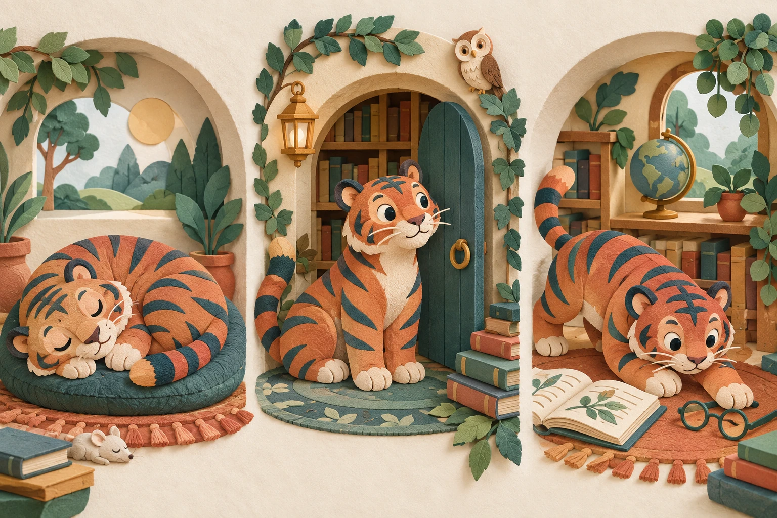 Un tigre, trois histoires — illustration en papier découpé.