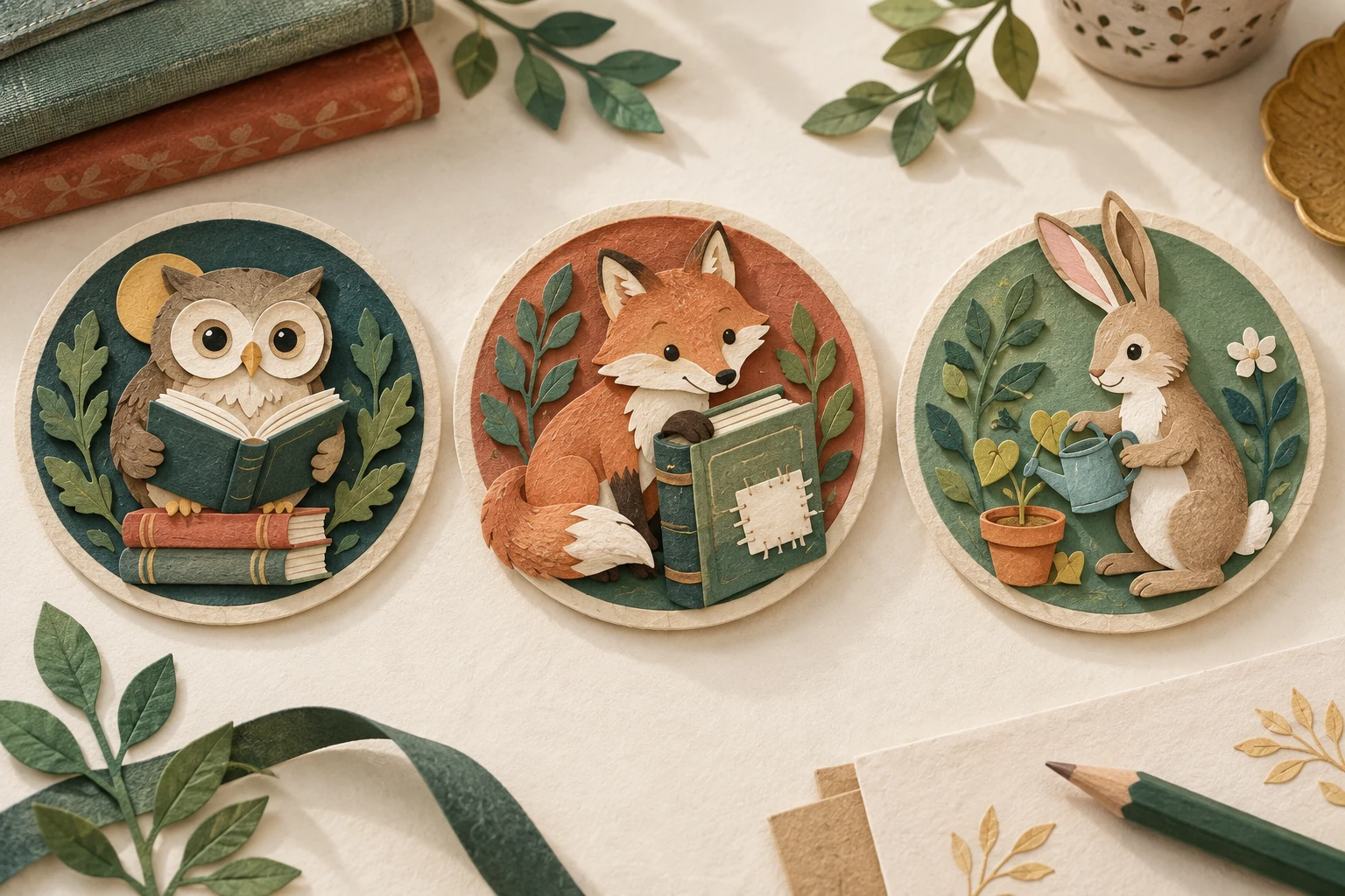 Les insignes de notre bibliothèque — illustration en papier découpé.