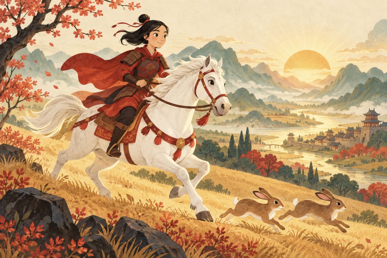 Mulan, jeune femme en tunique de soldat, chevauche un cheval blanc à travers des collines dorées au lever du soleil, deux lièvres courent dans l'herbe
