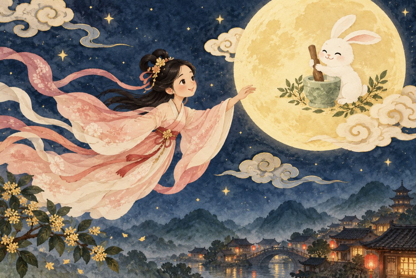 Chang'e, vêtue d'une longue robe aux manches flottantes, s'envole dans la nuit vers la pleine lune où le lapin de jade prépare ses herbes