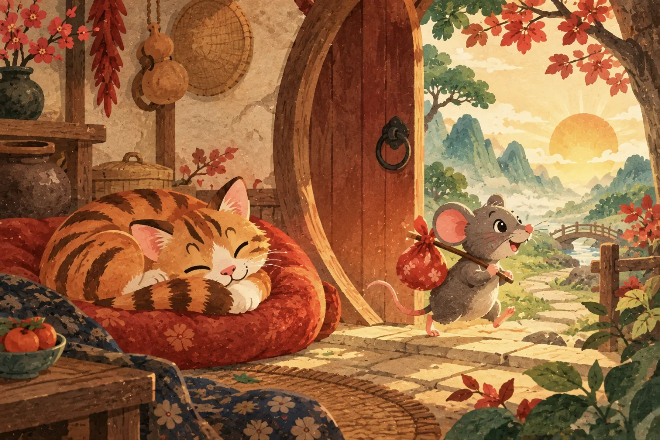 Le chat dort sur un coussin rouge pendant que le rat sort sur la pointe des pattes au lever du soleil
