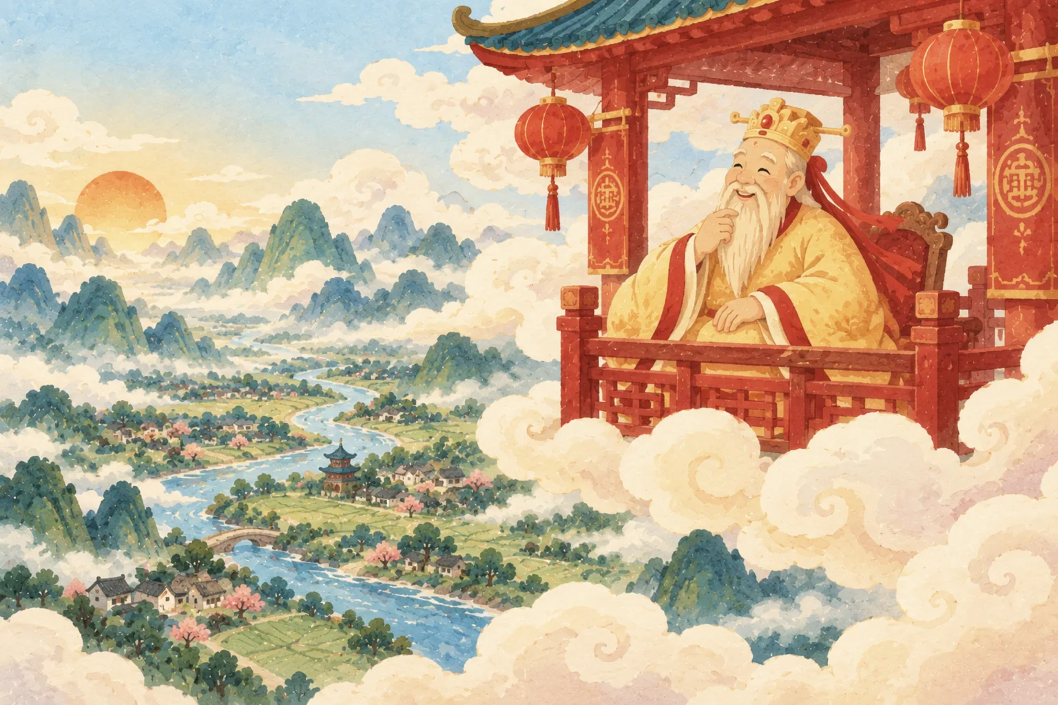 Dans le ciel, sur des nuages blancs, l'Empereur de Jade en robe dorée réfléchit