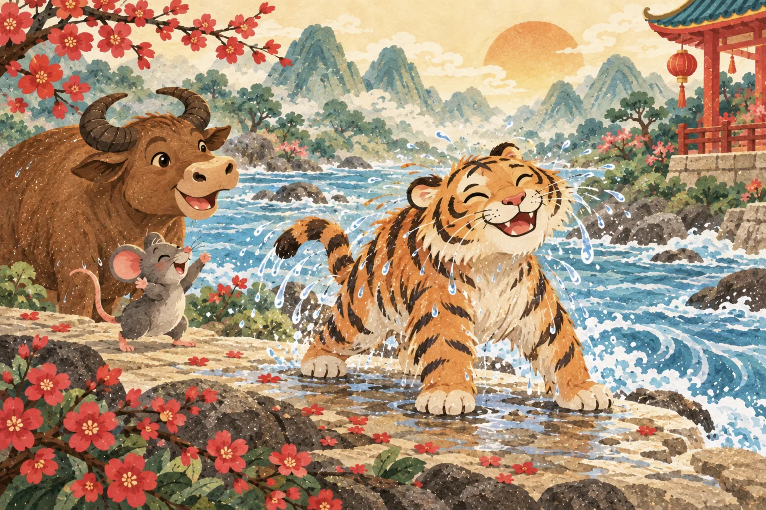 Le tigre sort de la rivière, tout mouillé, les moustaches dégoulinantes