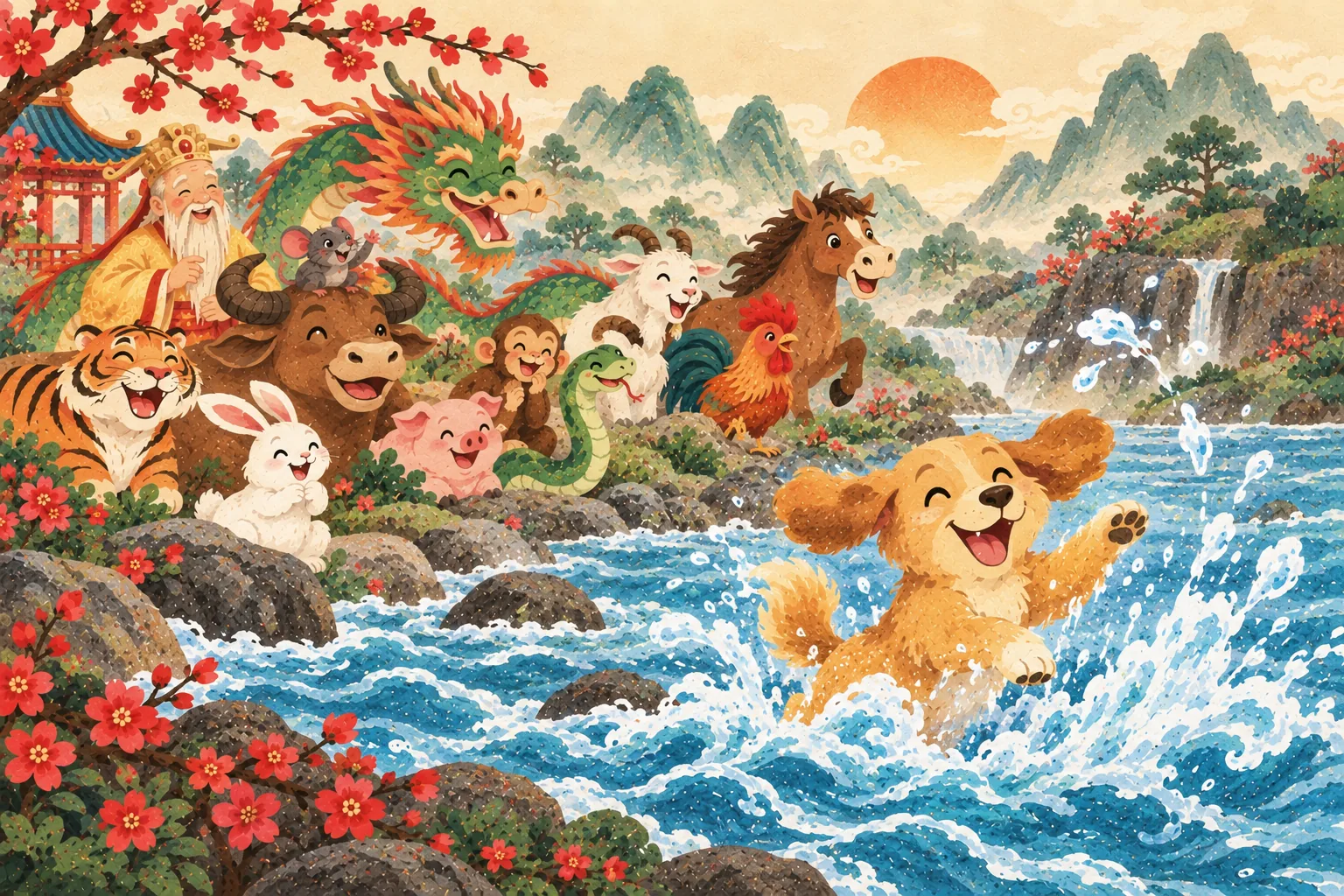 Le chien joue joyeusement dans les vagues de la rivière