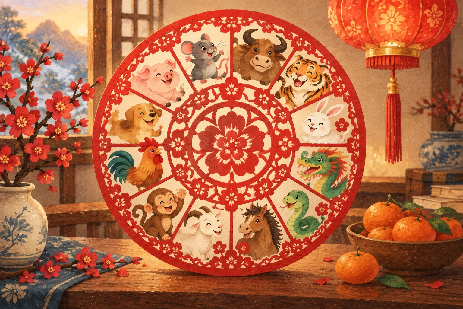 Une roue en papier découpé rouge montre les douze animaux du zodiaque chinois