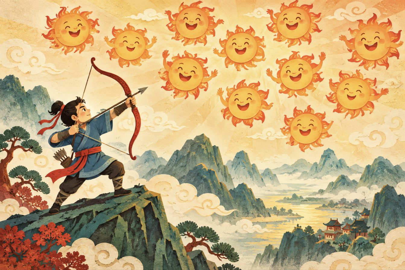 Hou Yi, jeune archer en tunique bleue, bande son grand arc rouge au sommet d'une montagne, dix soleils souriants jouent dans le ciel