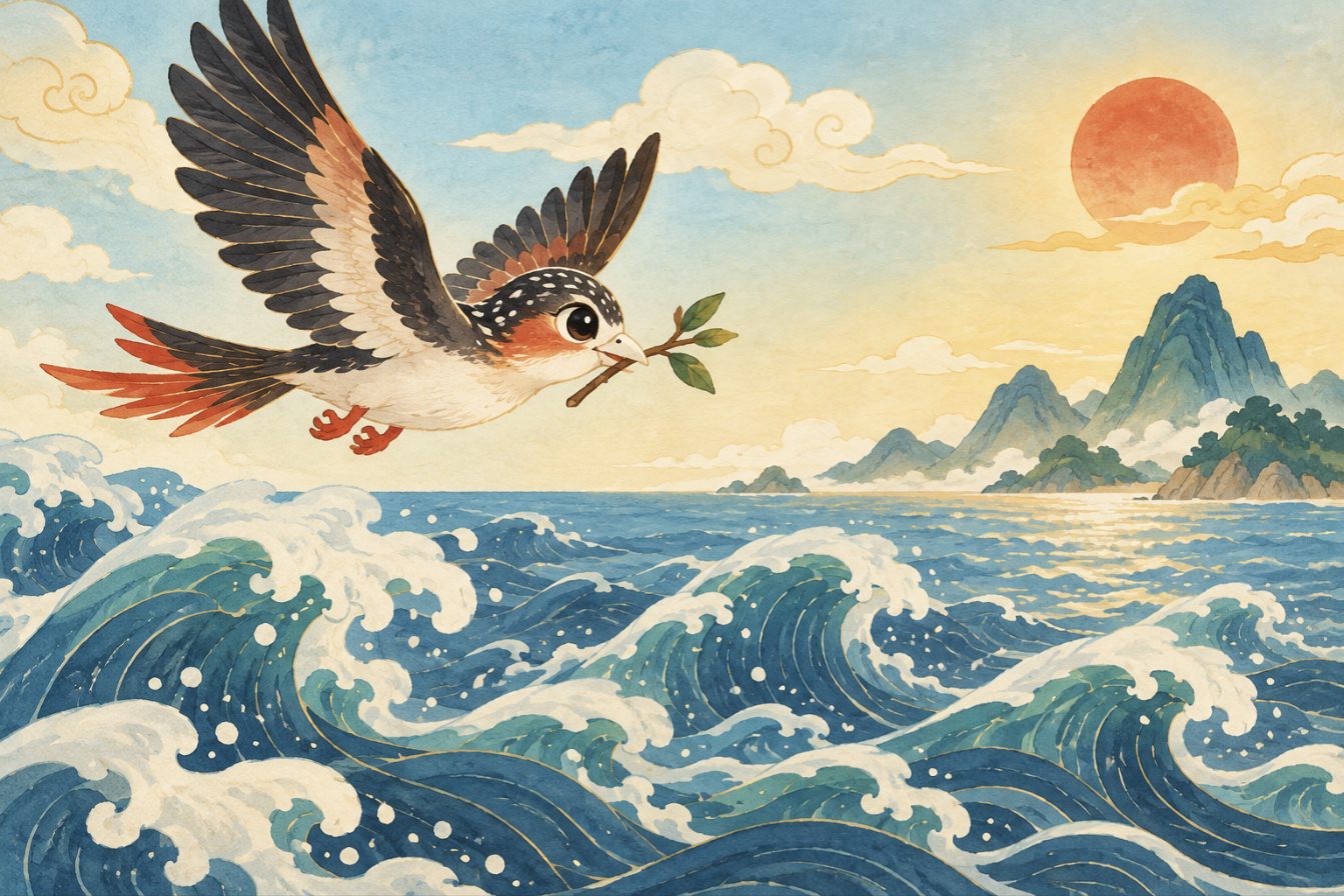 Jingwei, un petit oiseau à la tête tachetée et aux pattes rouges, vole courageusement au-dessus des vagues avec une brindille dans le bec