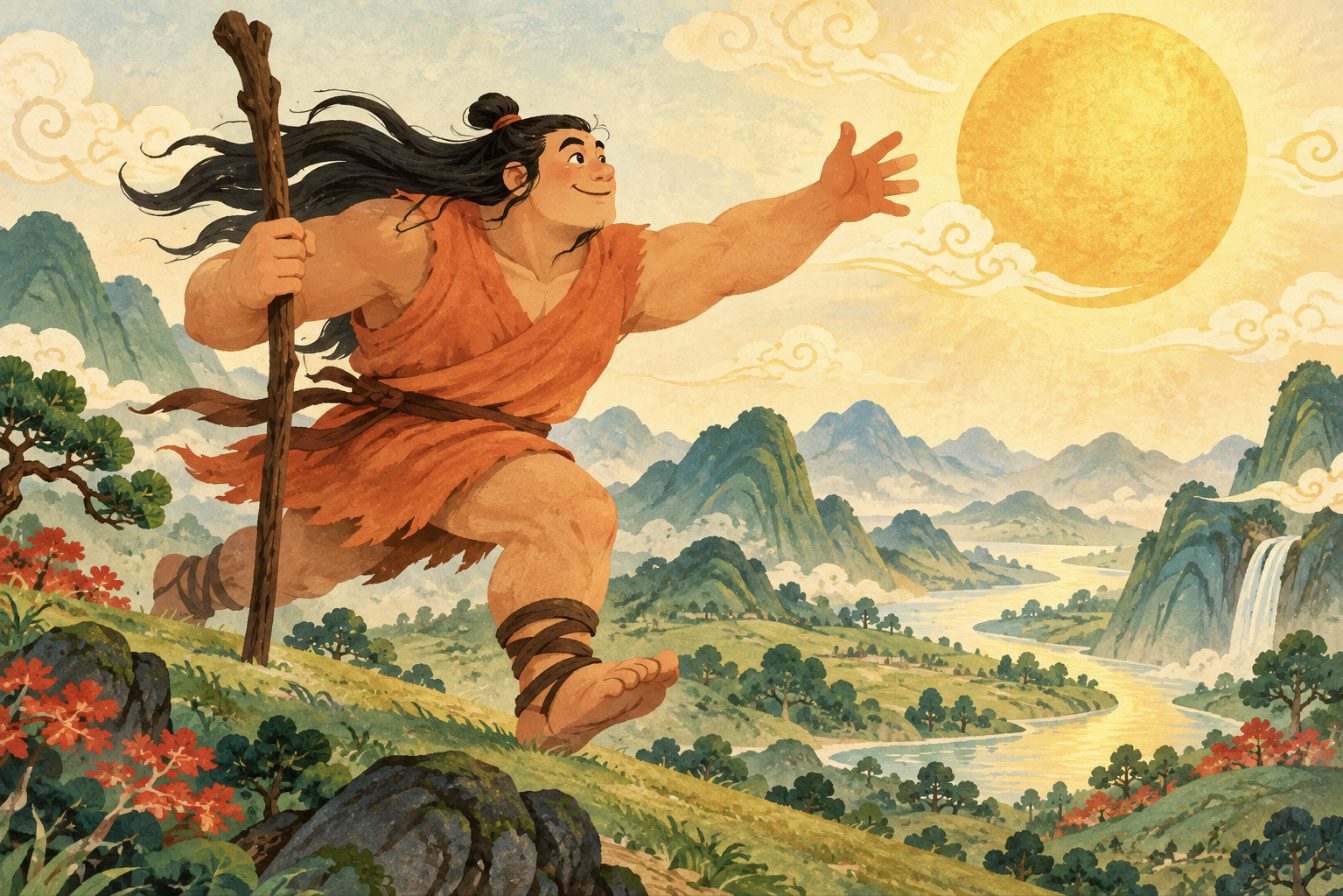 Kuafu, un géant au visage bienveillant et à la tunique orange, court sur les collines en tendant le bras vers le grand soleil doré