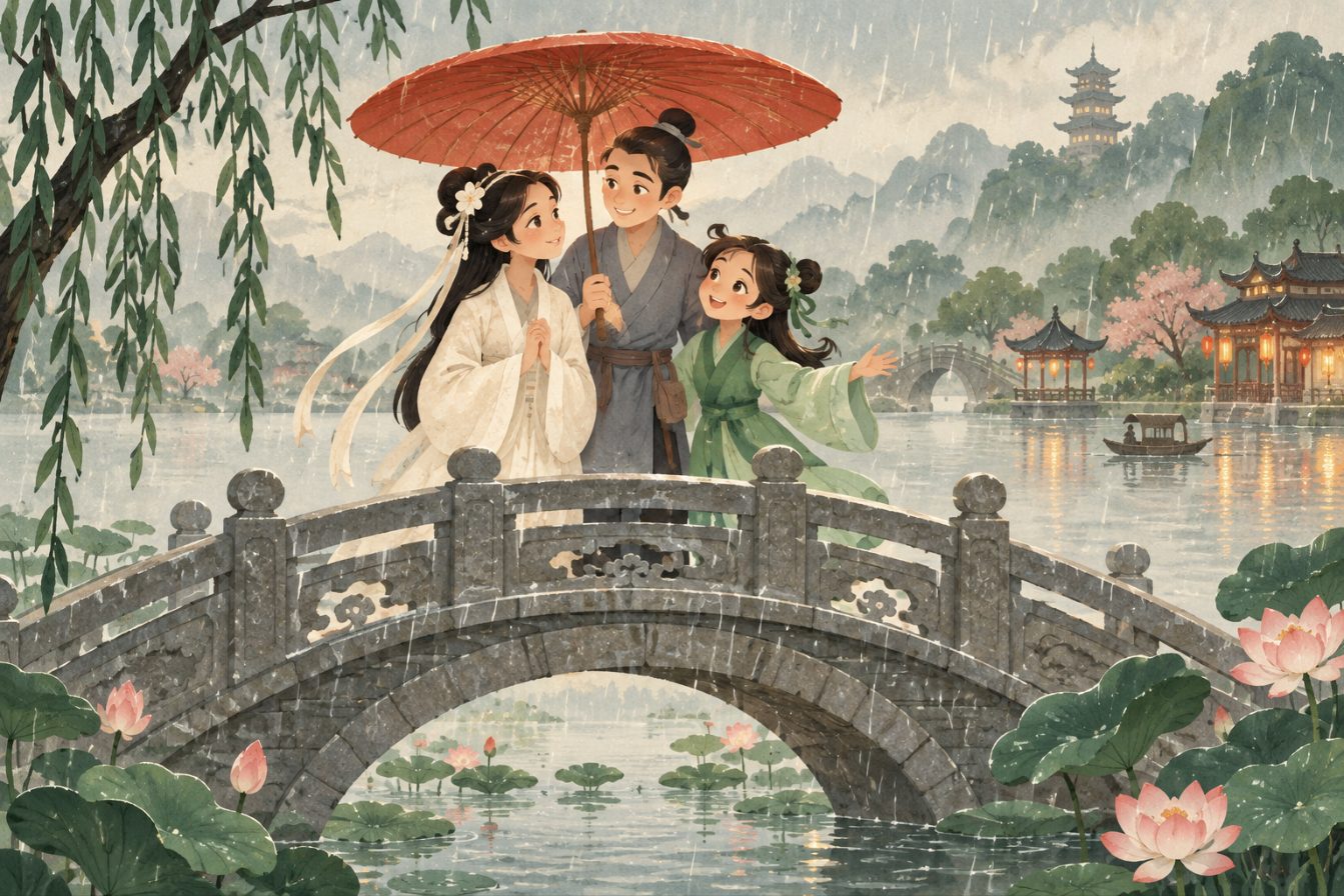 Sur un pont de pierre sous la pluie, un jeune homme partage une grande ombrelle avec une dame en robe blanche et une jeune fille en vert