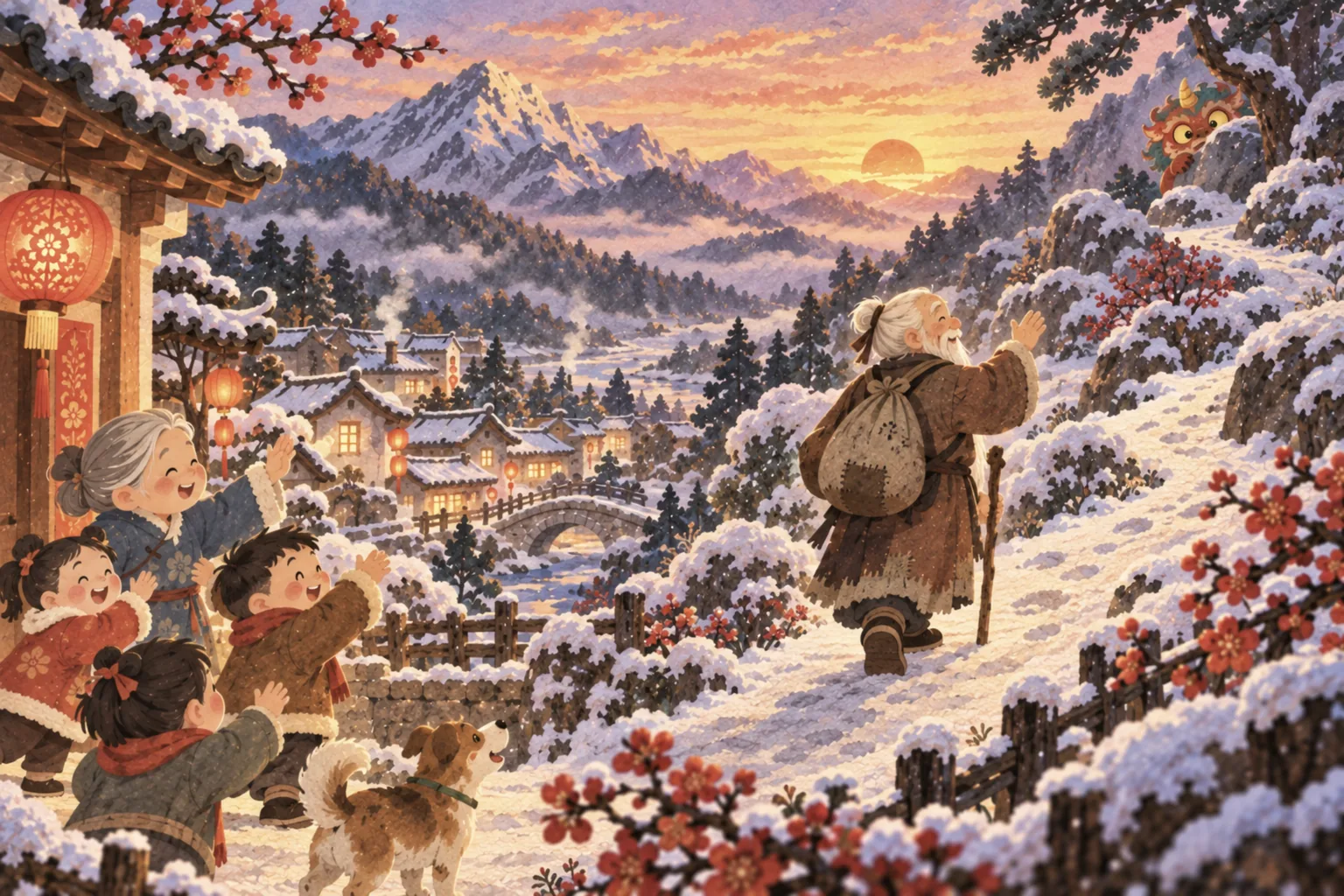 Le vieux voyageur repart sur le chemin enneigé, son bâton à la main, au lever du soleil