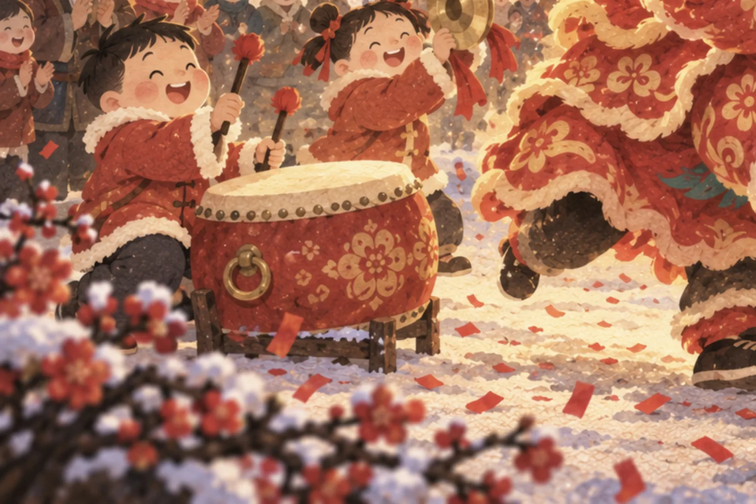 Des enfants en veste rouge jouent joyeusement du tambour et des cymbales