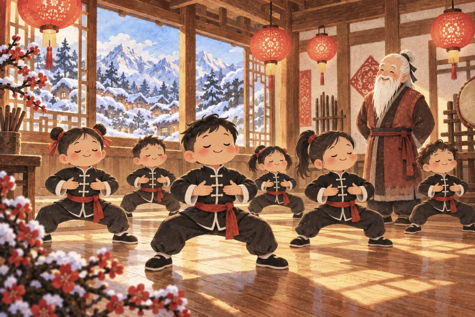 Des enfants en tenue noire de kung-fu, ceinture rouge, s'entraînent dans une salle en bois décorée de lanternes