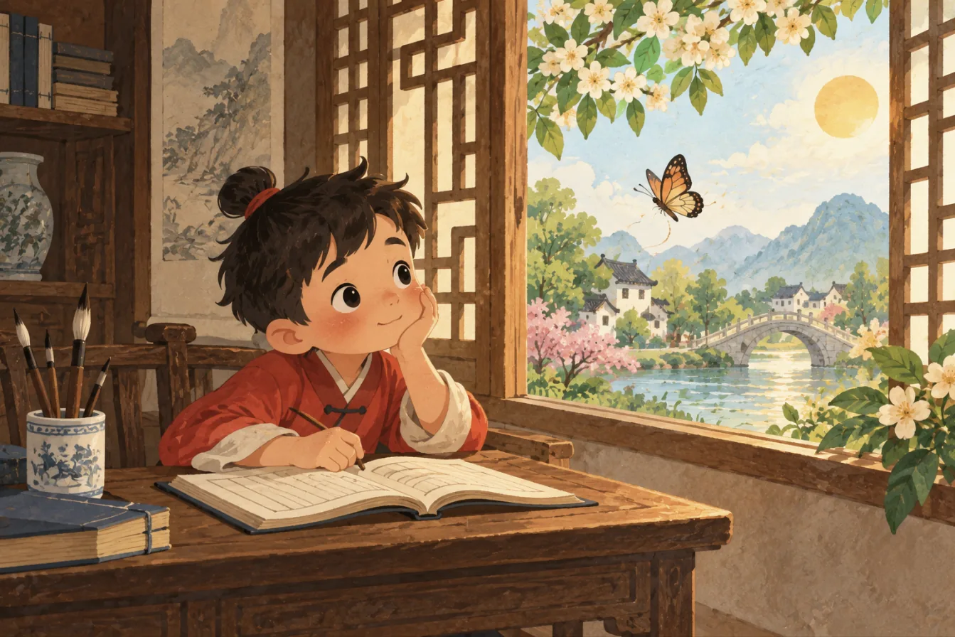 Li Bai soupire devant son livre et regarde un papillon par la fenêtre