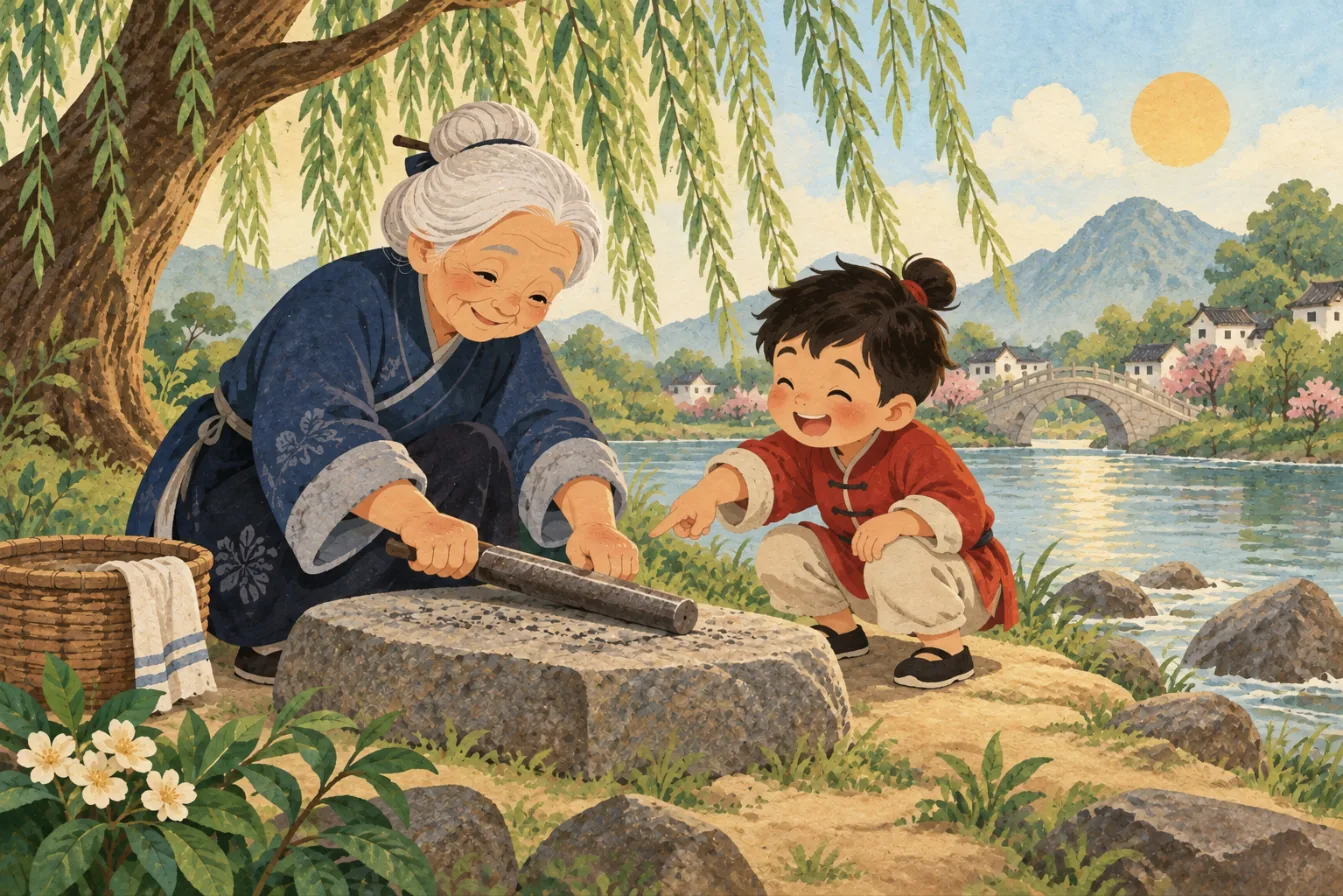 Li Bai rit en montrant l'épaisse barre de fer, pendant que la vieille dame continue calmement de frotter