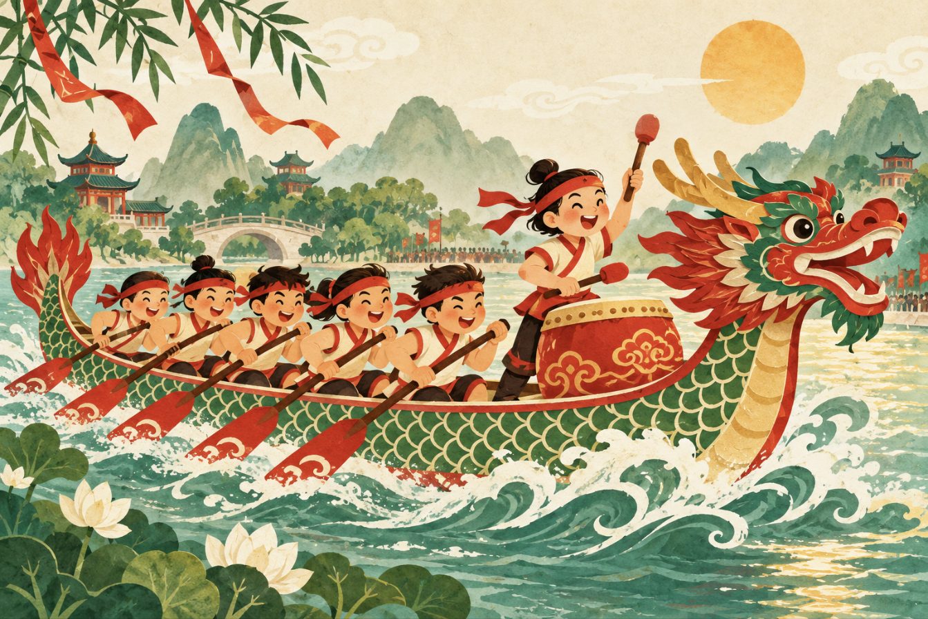 Un long bateau à tête de dragon file sur les vagues, les rameurs pagaient ensemble au rythme du grand tambour