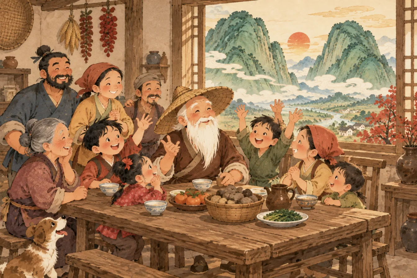 Yugong réunit toute sa famille autour de la table ; les petits-enfants lèvent les bras avec enthousiasme