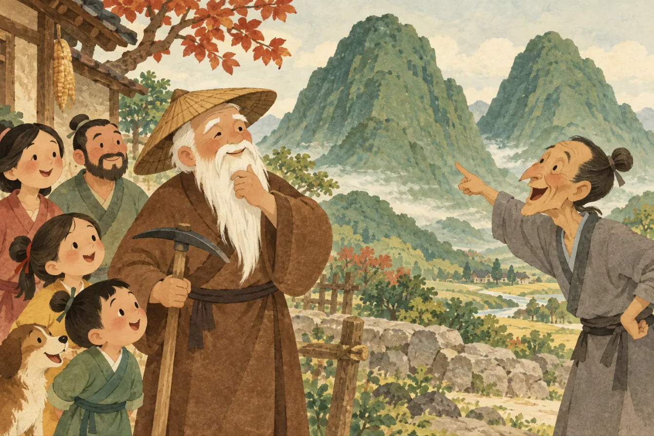 Le voisin éclate de rire et montre les montagnes, pendant que Yugong caresse calmement sa barbe