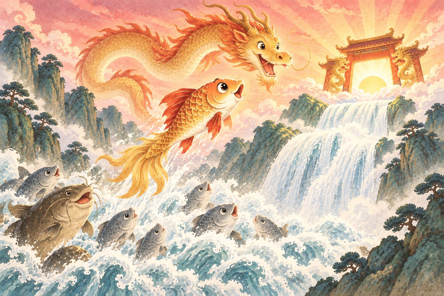 Une petite carpe dorée aux nageoires rouges bondit par-dessus une immense cascade, sa queue commence à devenir celle d'un dragon