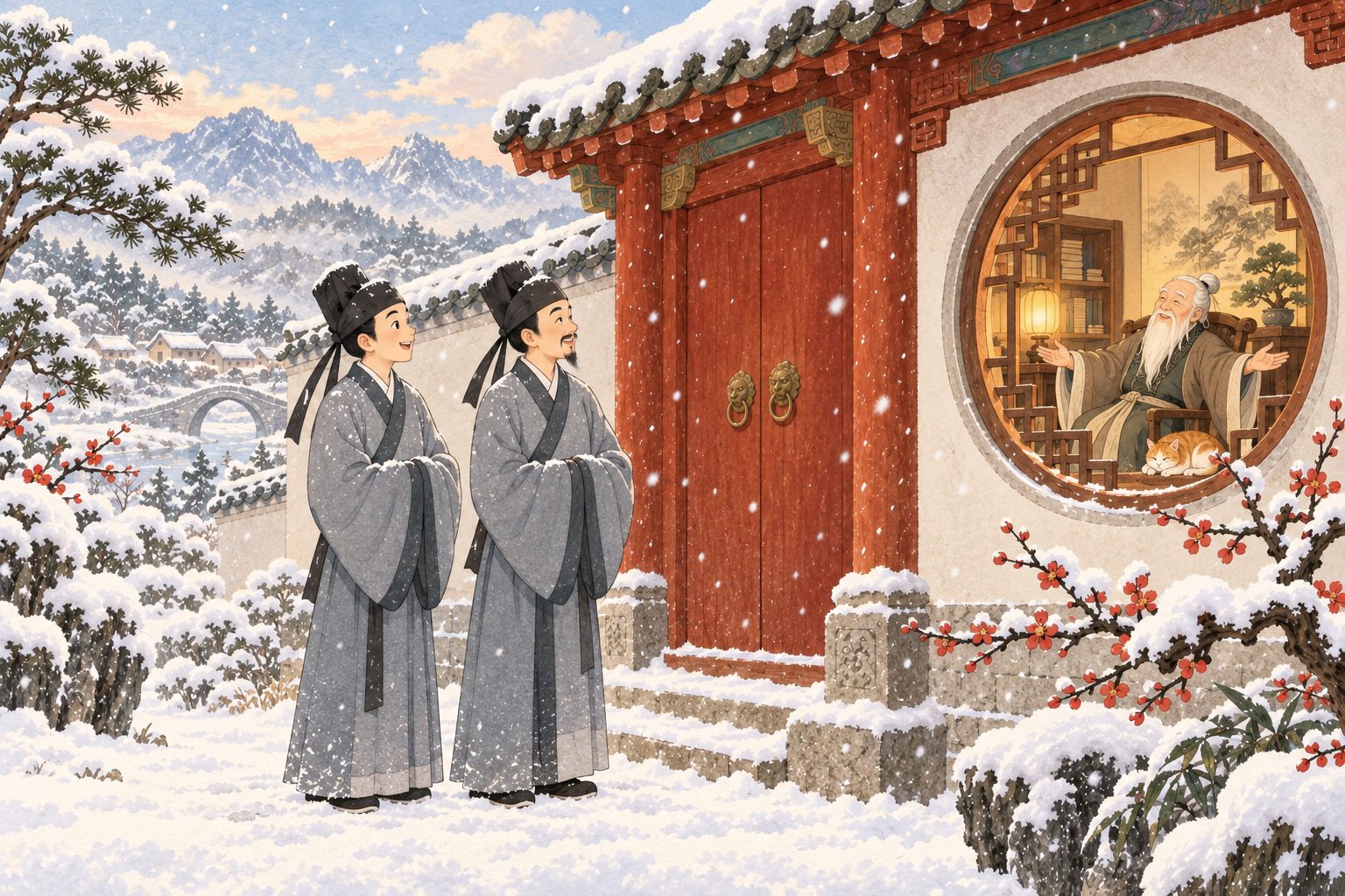 Deux élèves en longue robe attendent sans bruit sous la neige devant une porte rouge, pendant qu'à l'intérieur le vieux maître somnole
