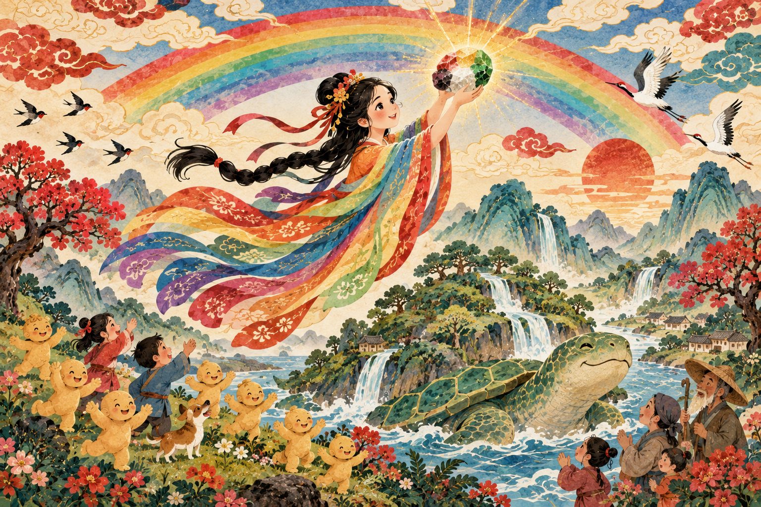 Nüwa, déesse aux longs cheveux tressés et à la robe aux couleurs de l'arc-en-ciel, s'élève en tenant une pierre lumineuse vers le ciel fendu