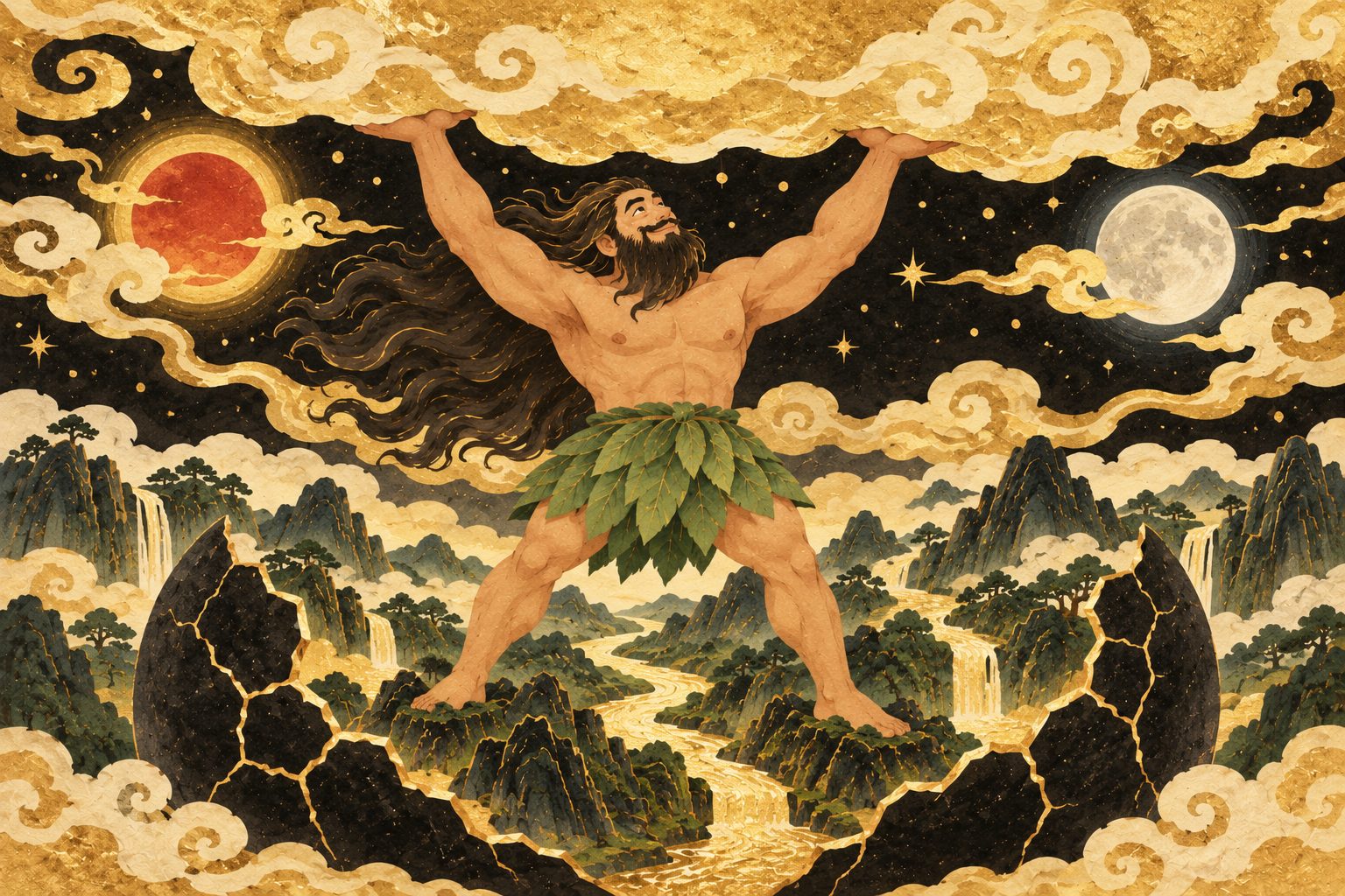 Pangu, un géant aux longs cheveux, pousse le ciel doré au-dessus de sa tête avec ses deux mains, les montagnes à ses pieds