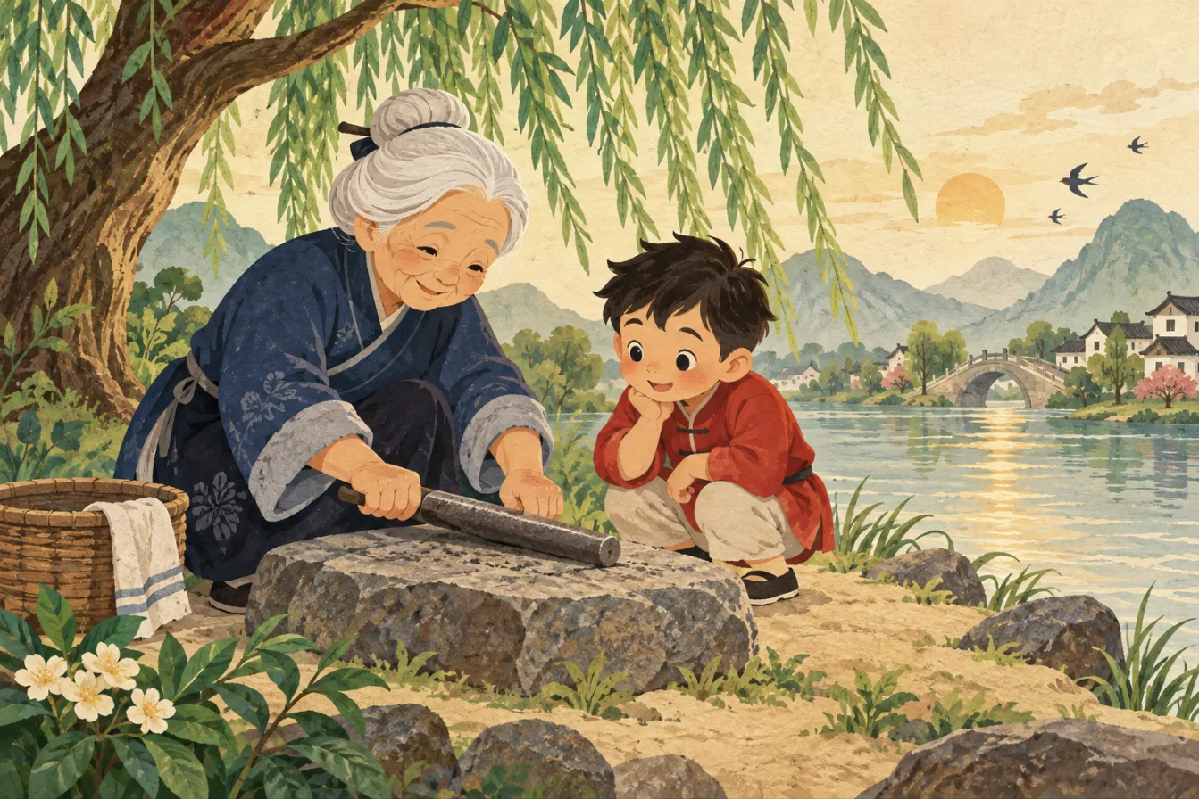 Au bord de la rivière, la vieille dame frotte la barre de fer sur la pierre ; Li Bai la regarde, très curieux