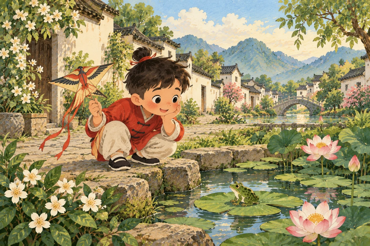 Le petit Li Bai, en tunique rouge, s'accroupit au bord d'un étang de lotus, un cerf-volant à la main