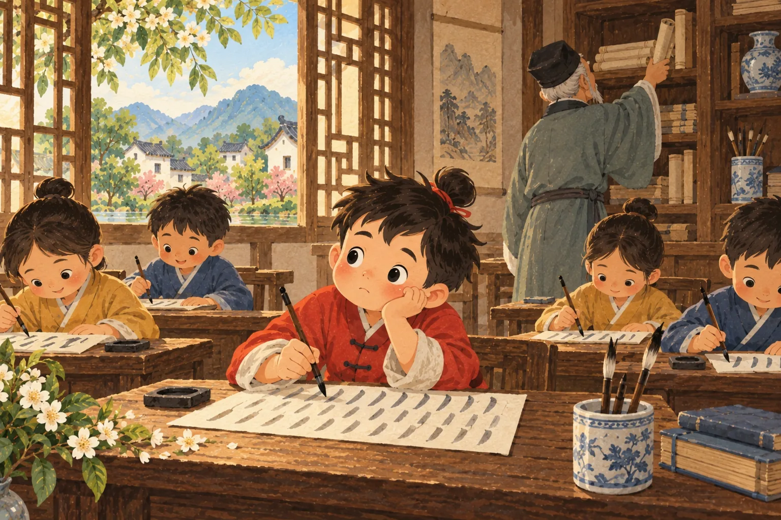 Dans la classe en bois, Li Bai pose le menton dans sa main pendant que les autres élèves recopient leurs caractères