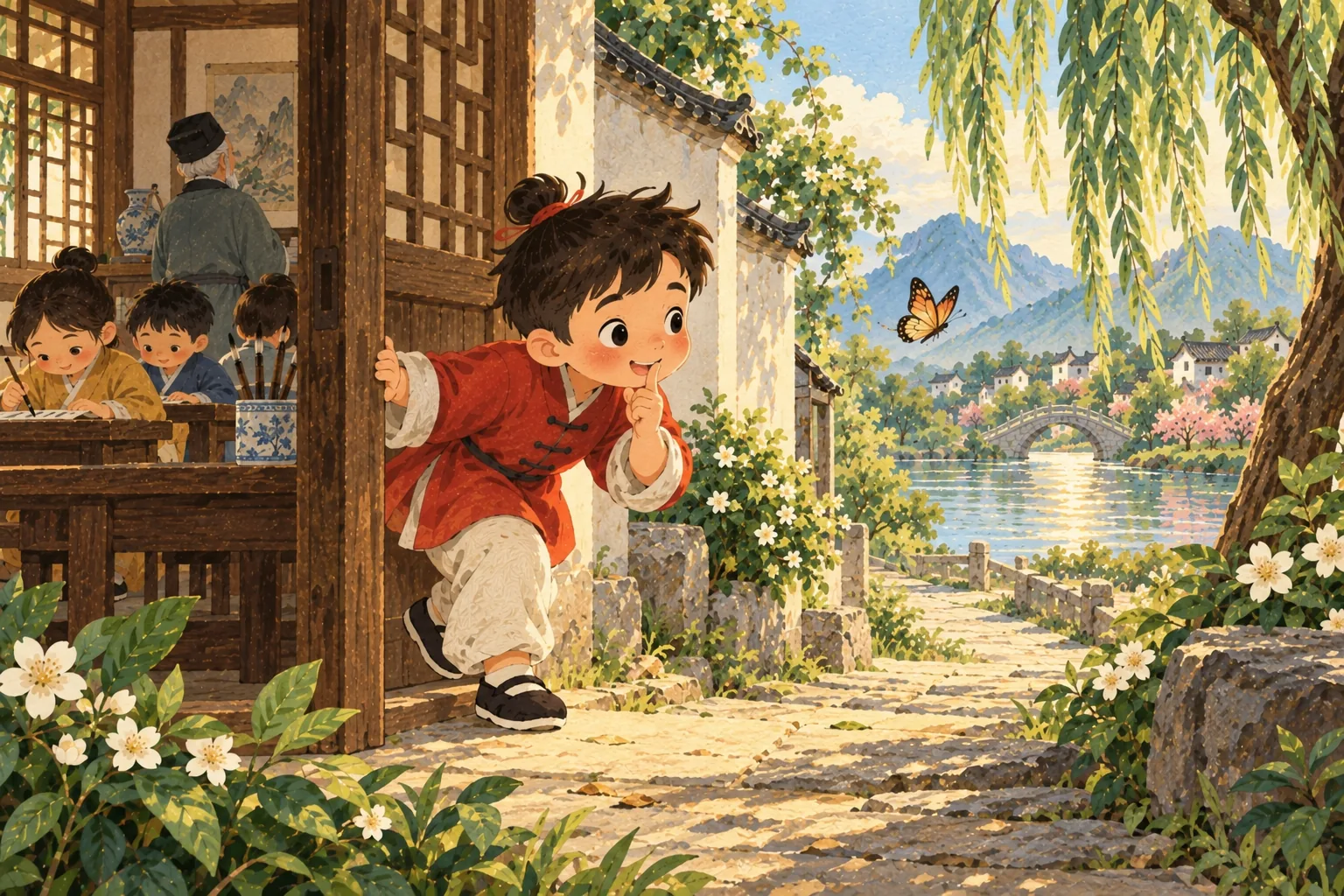 Li Bai se faufile hors de l'école, un doigt sur la bouche, vers le chemin de la rivière