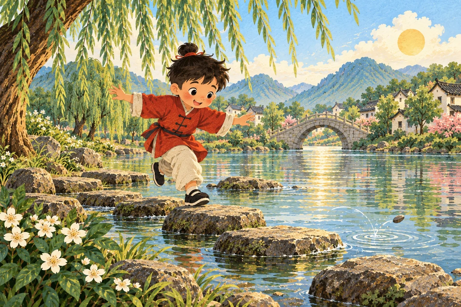 Li Bai saute joyeusement de pierre en pierre sur la rivière