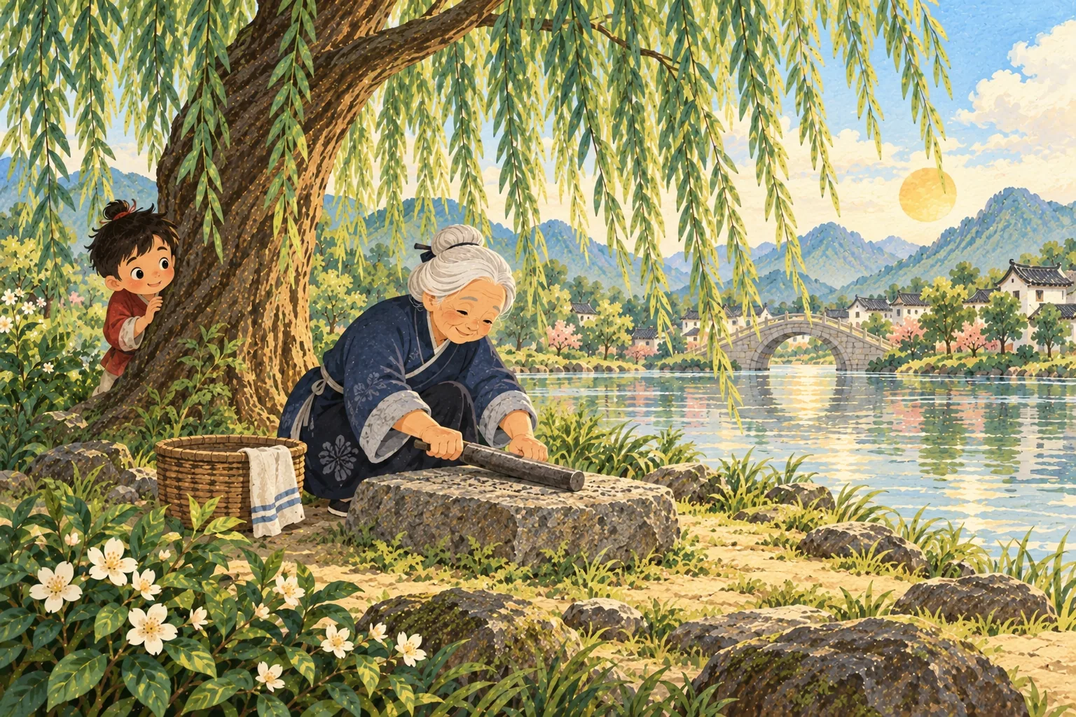 Sous un grand saule, une vieille dame aux cheveux blancs frotte une barre de fer sur une pierre ; Li Bai l'observe derrière l'arbre
