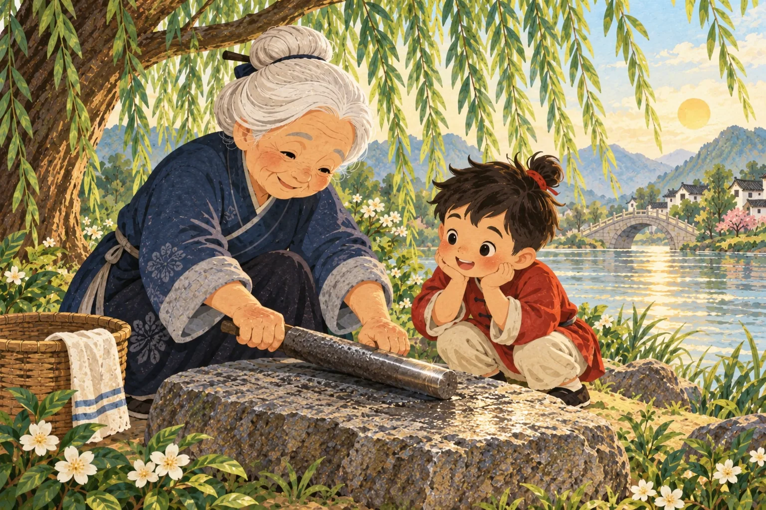 La vieille dame sourit tranquillement en frottant la barre de fer, à côté de Li Bai attentif