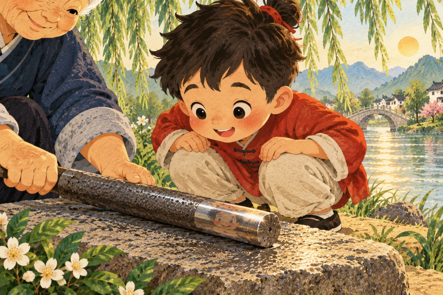 Li Bai, tout près de la pierre, découvre un endroit du fer déjà lisse et brillant
