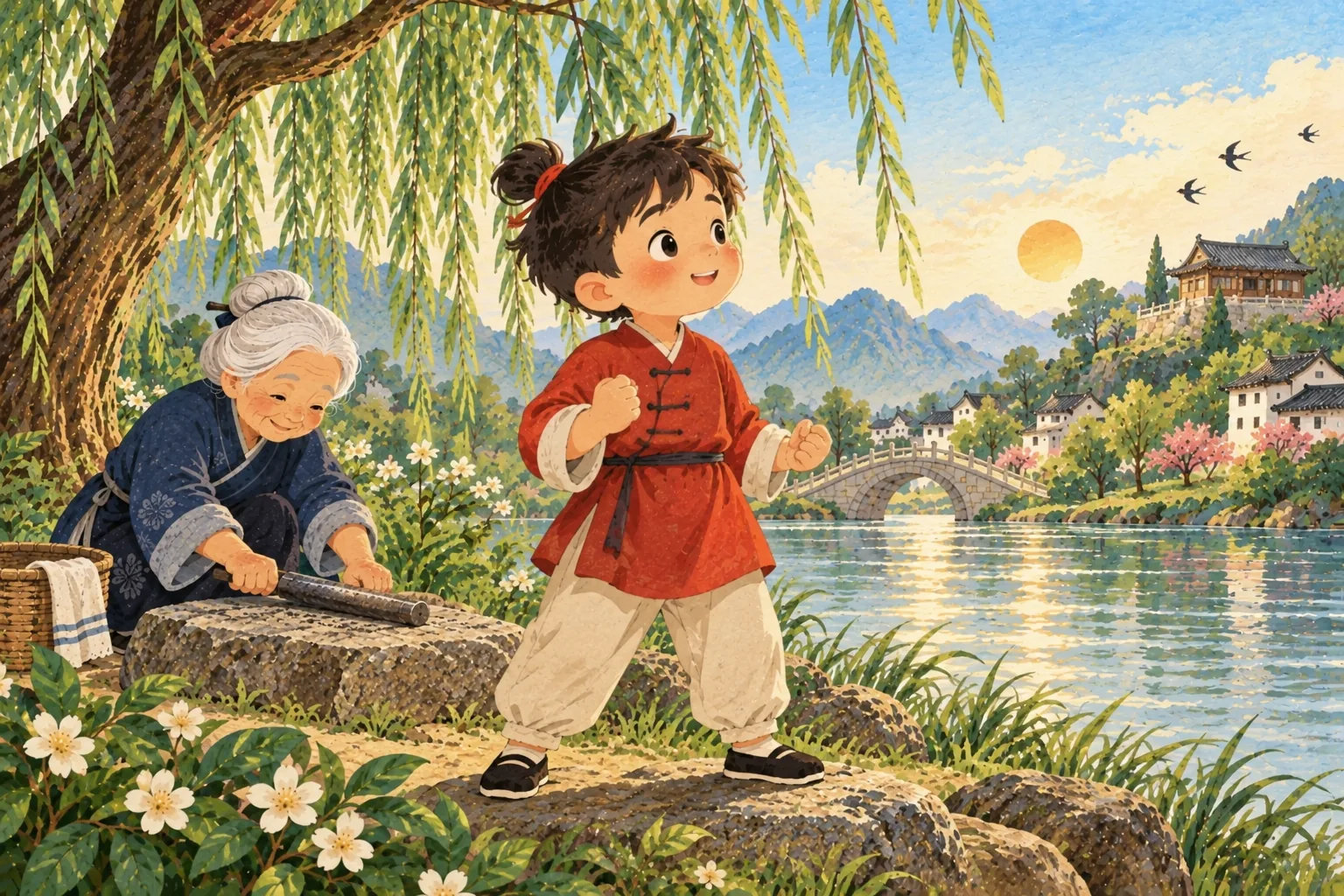 Li Bai se relève, les poings serrés et le sourire décidé, pendant que la vieille dame continue son travail
