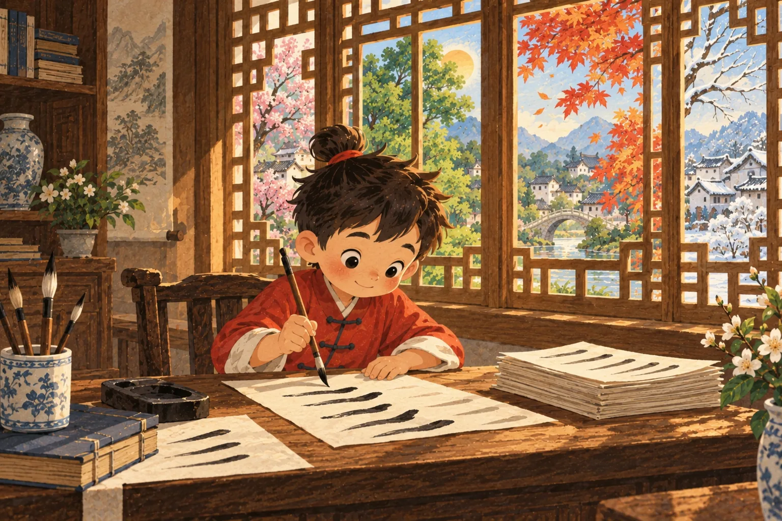 Li Bai écrit à son bureau devant une fenêtre qui montre les quatre saisons