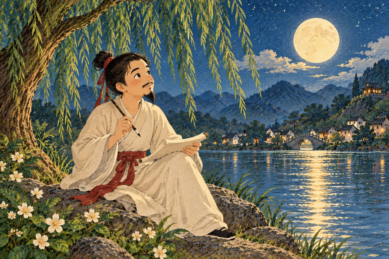 Une nuit de pleine lune, Li Bai devenu grand poète, en robe blanche, écrit au bord de l'eau