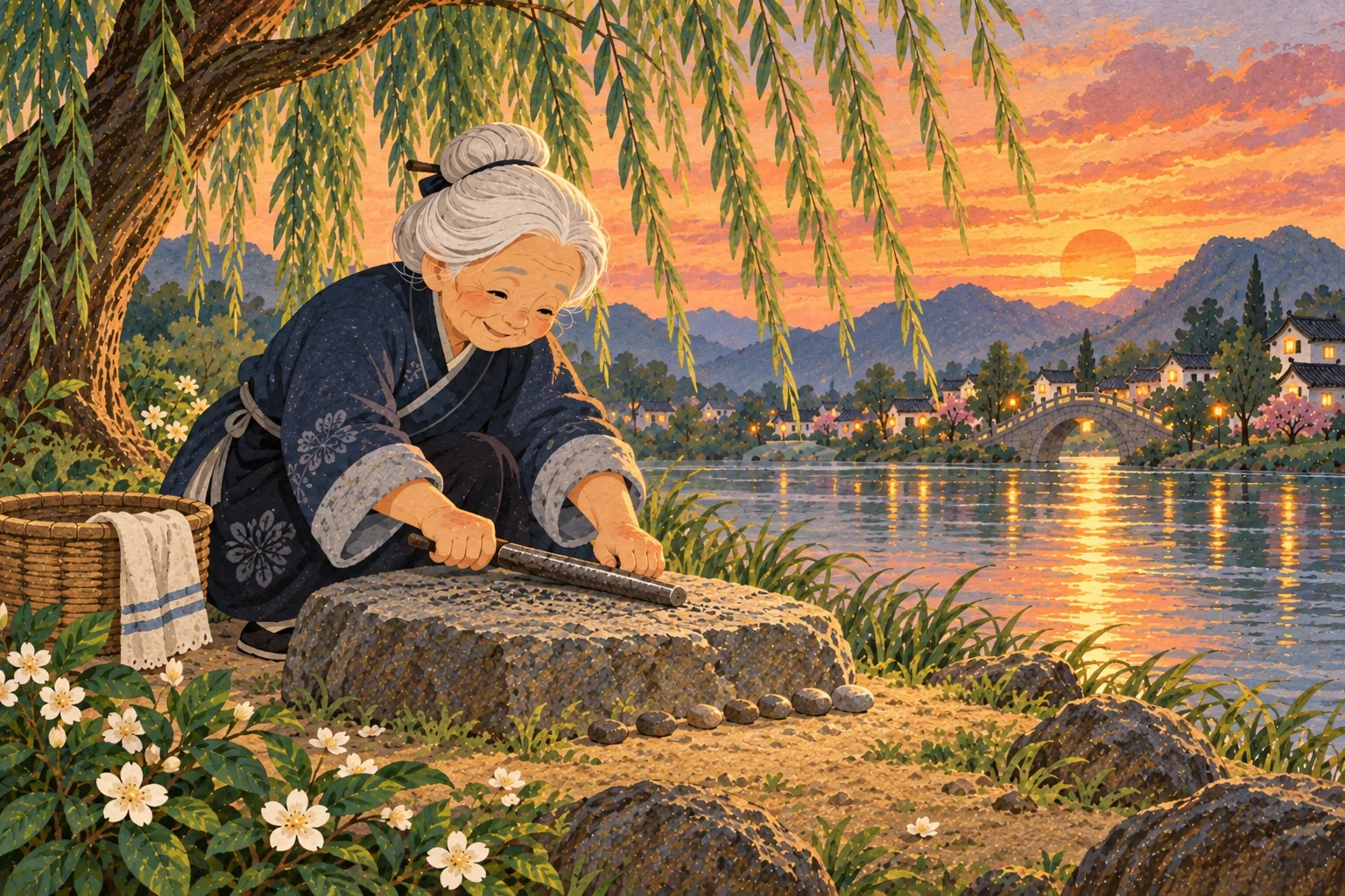 Au coucher du soleil, la vieille dame frotte toujours la barre de fer sous le saule