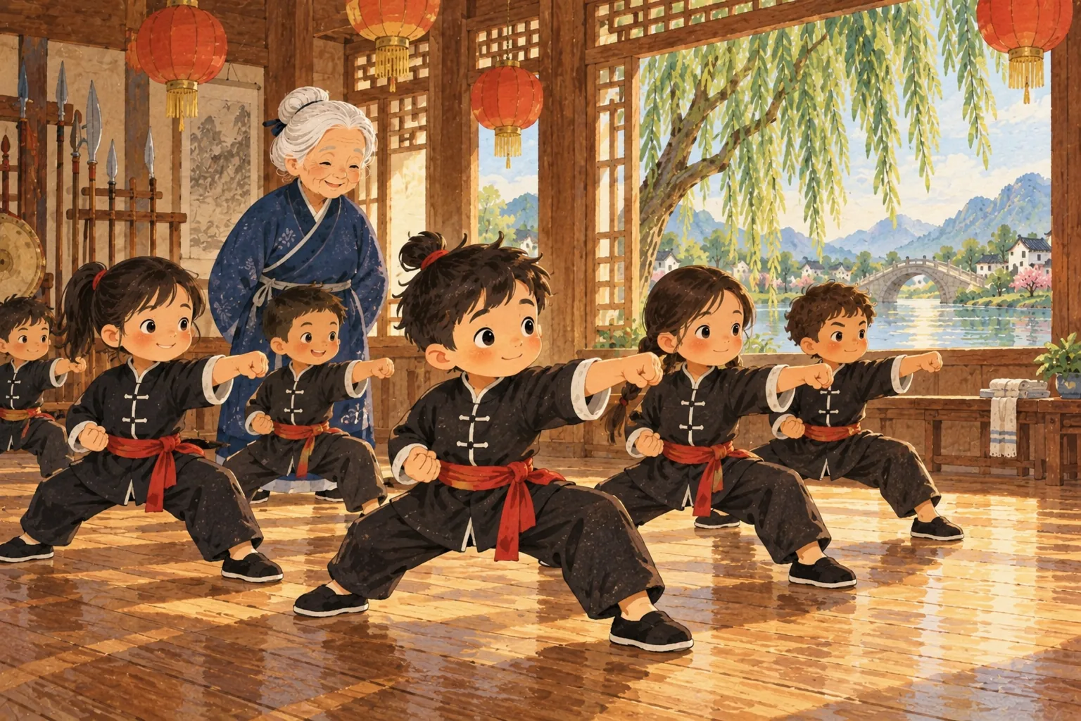 Dans une salle de kung-fu, des enfants en tenue noire et ceinture rouge font le même geste de poing, sous le regard de la vieille dame