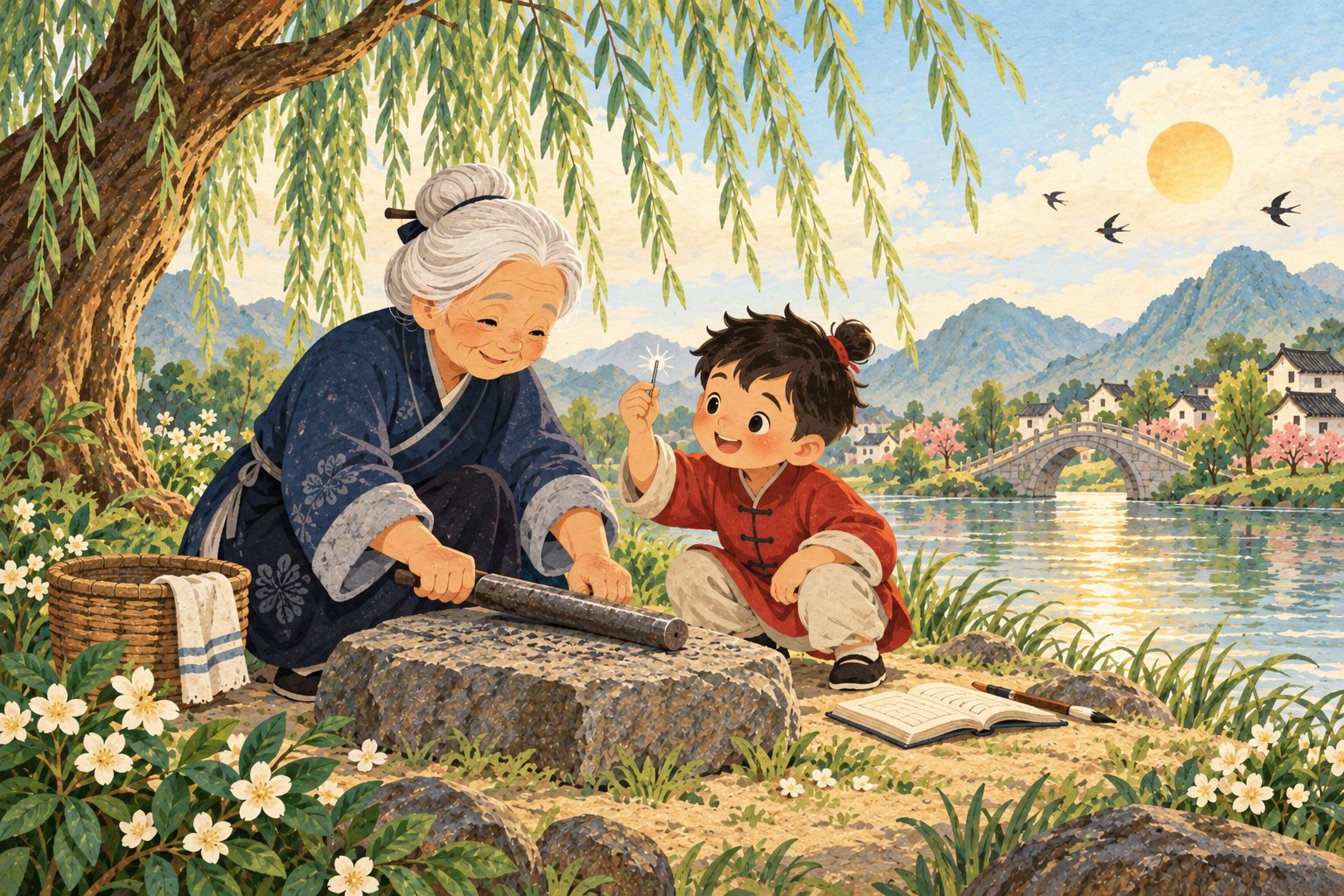 Sous un saule au bord de la rivière, une vieille dame frotte un gros pilon de fer sur une pierre, le petit Li Bai la regarde, curieux