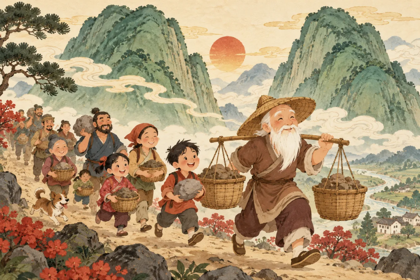Yugong porte deux paniers de terre au bout d'une perche, suivi de toute sa famille
