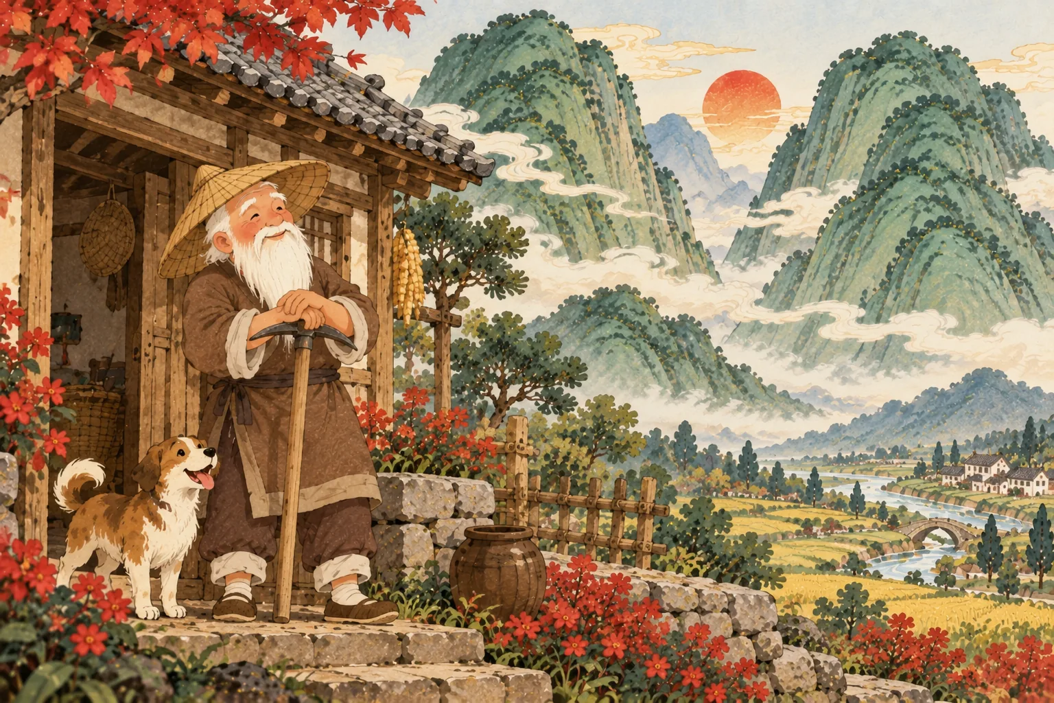 Le vieux Yugong, longue barbe blanche et chapeau de paille, sourit devant sa petite maison au pied des montagnes