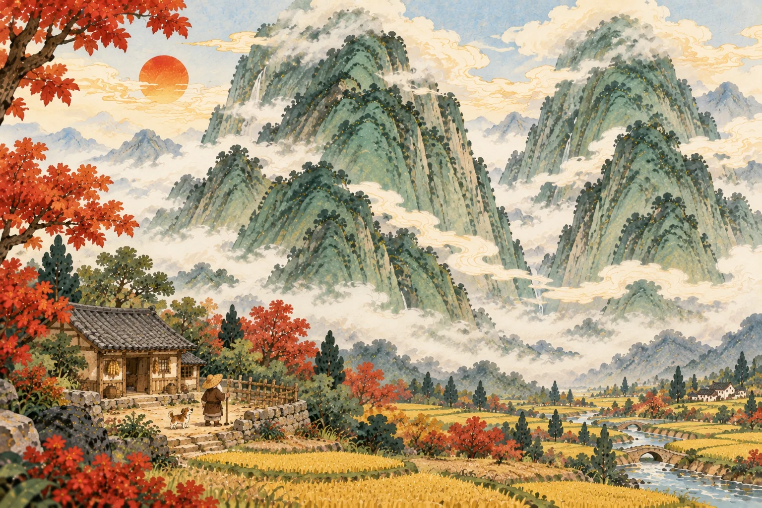 Une toute petite maison au pied de deux immenses montagnes vertes dont les sommets se perdent dans les nuages