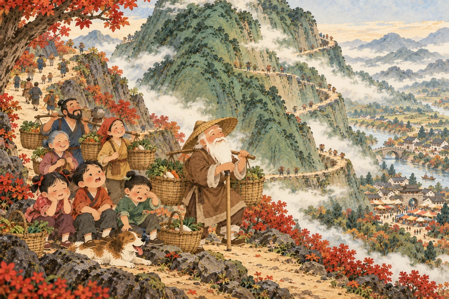 La famille de Yugong fait un long détour autour de la montagne pour aller au marché ; les enfants se reposent sur un rocher