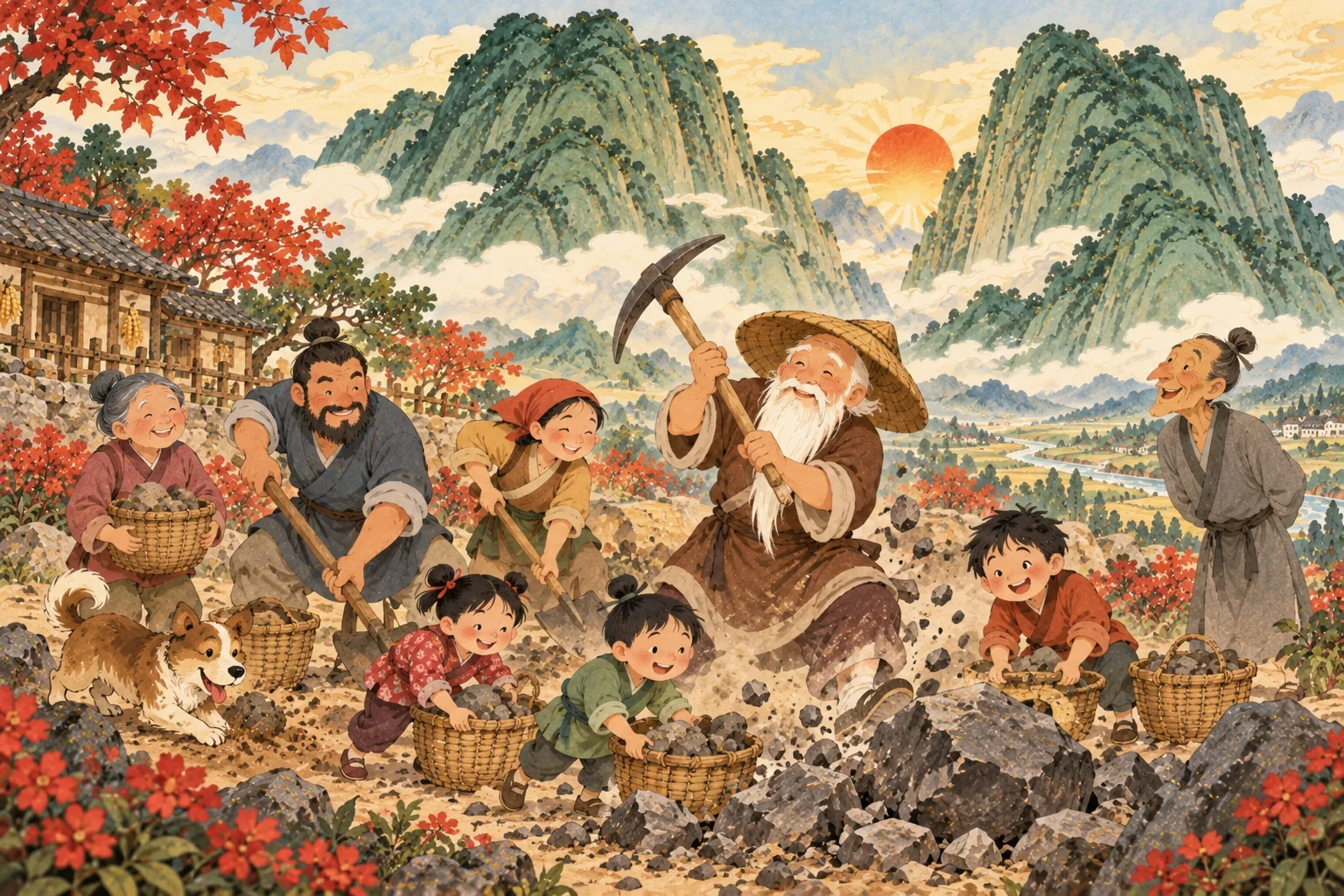 Au lever du soleil, Yugong donne un coup de pioche pendant que la famille remplit les paniers de terre